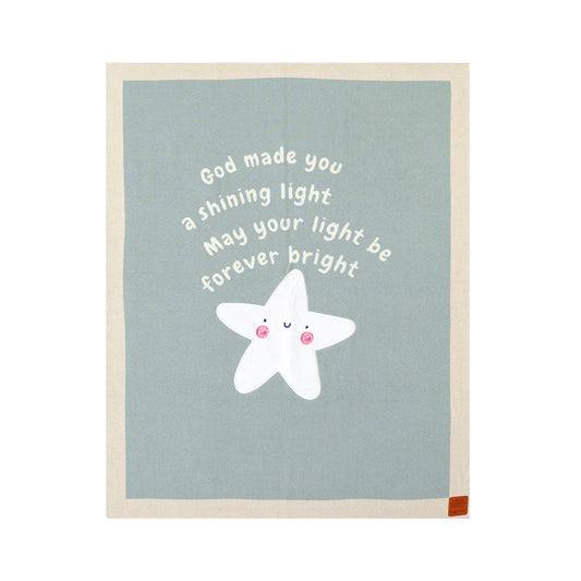 Matthew 5:14 baby blanket with "God made you a shining light" text and cute star graphic on light blue