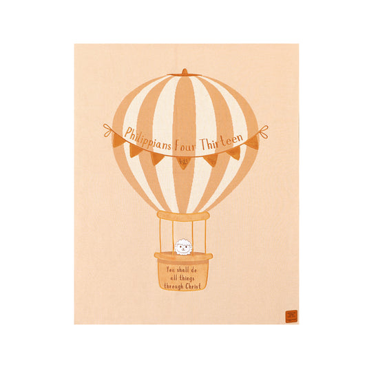 Soar High Philippians 4:13 baby blanket with orange hot air balloon design and lamb in basket