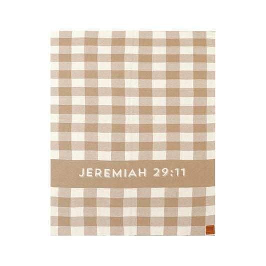 Jeremiah 29:11 "Grow & Prosper" baby blanket in beige and white gingham check with Scripture