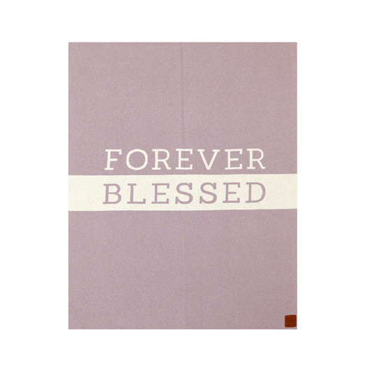 Lavender 100% cotton baby blanket with "FOREVER BLESSED" on a cream stripe, and a small brown logo tag.